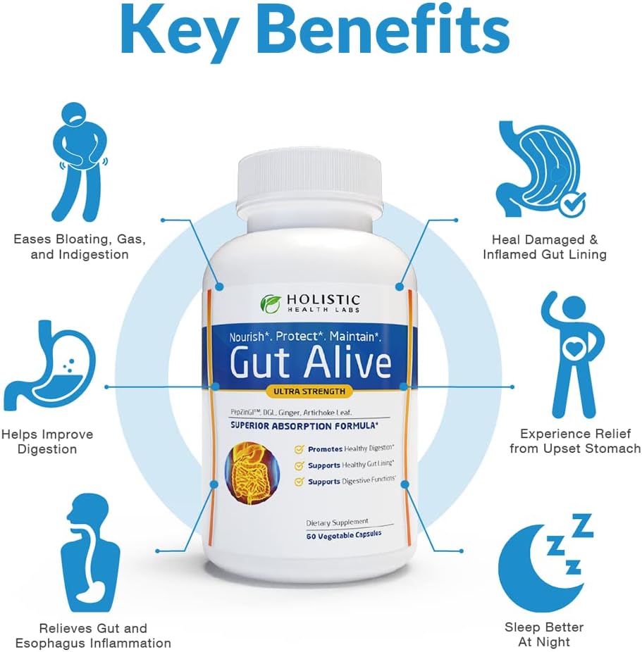 Holistic Health Labs Gut Alive - All Natural Support to Fight IBS, Heartburn, Acid Indigestion, Acid Reflux, Bloating & Gas. Unique Formulation (60 Count (Pack of 1))