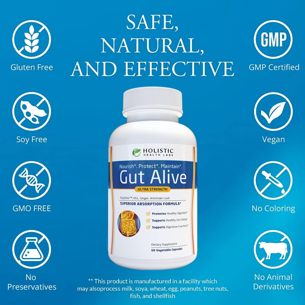 Holistic Health Labs Gut Alive - All Natural Support to Fight IBS, Heartburn, Acid Indigestion, Acid Reflux, Bloating & Gas. Unique Formulation (60 Count (Pack of 1))
