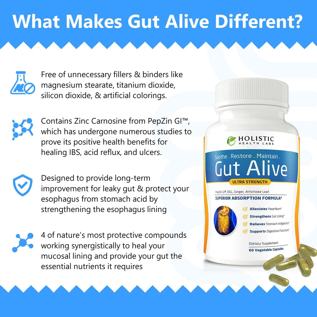 Holistic Health Labs Gut Alive - All Natural Support to Fight IBS, Heartburn, Acid Indigestion, Acid Reflux, Bloating & Gas. Unique Formulation (60 Count (Pack of 1))