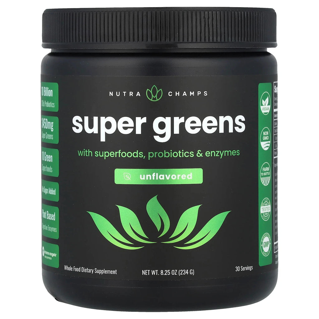 Nutra Champs Super Greens Powder – Superfoods, Probiotics & Enzymes | Unflavored | 30 Servings (8.25 oz)