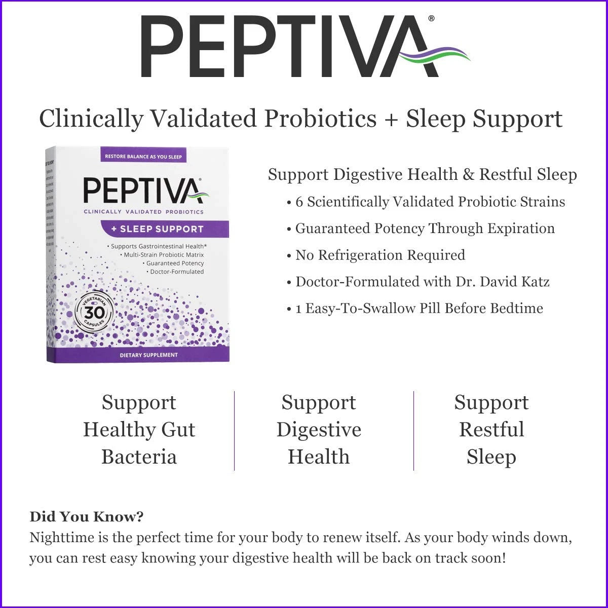Peptiva Sleep Support Probiotic Supplement – Clinically Validated Formula, 30 Capsules, Digestive & Sleep Aid