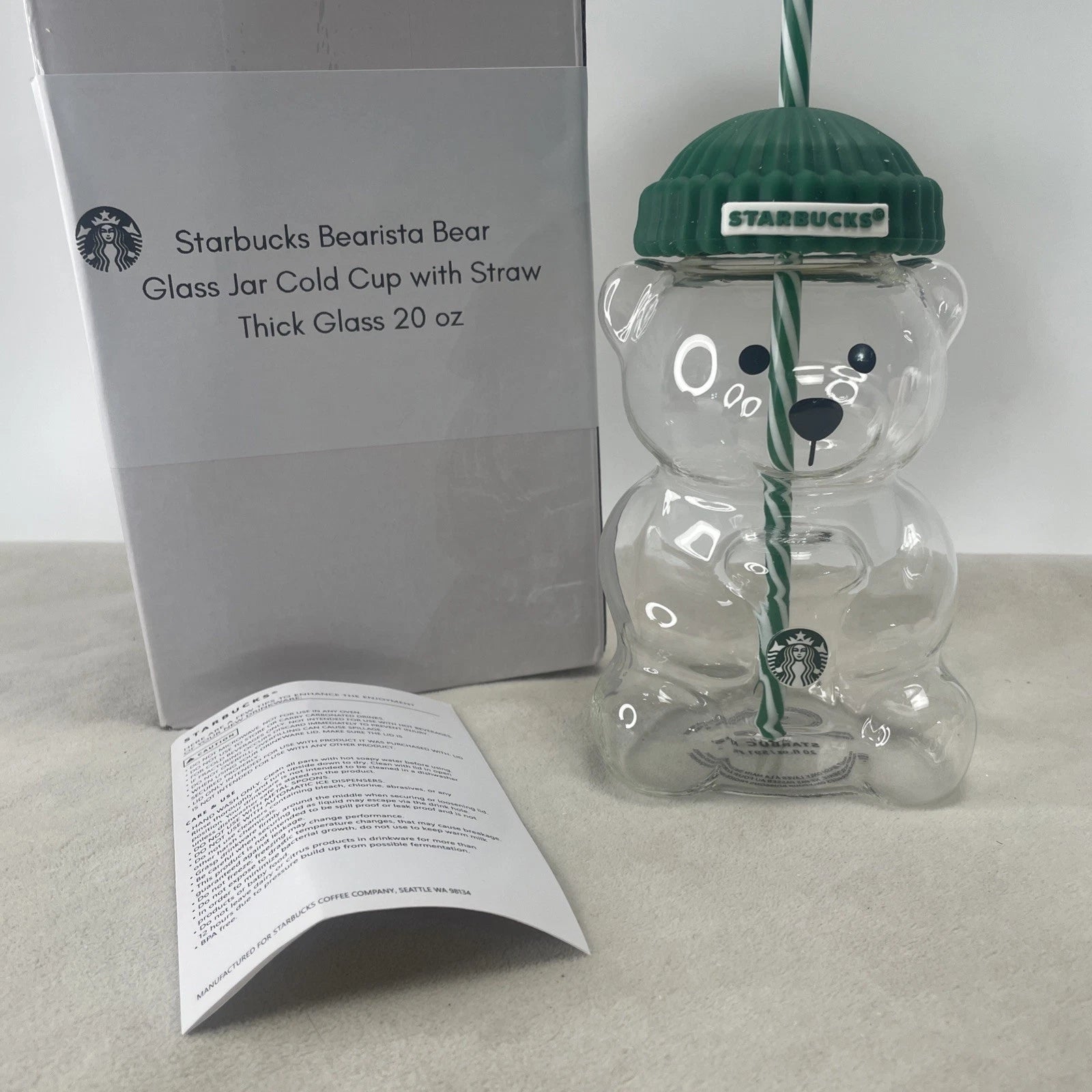 Starbucks Bearista Bear **Glass** Jar Cold Cup with Straw, Thick Glass 20 oz