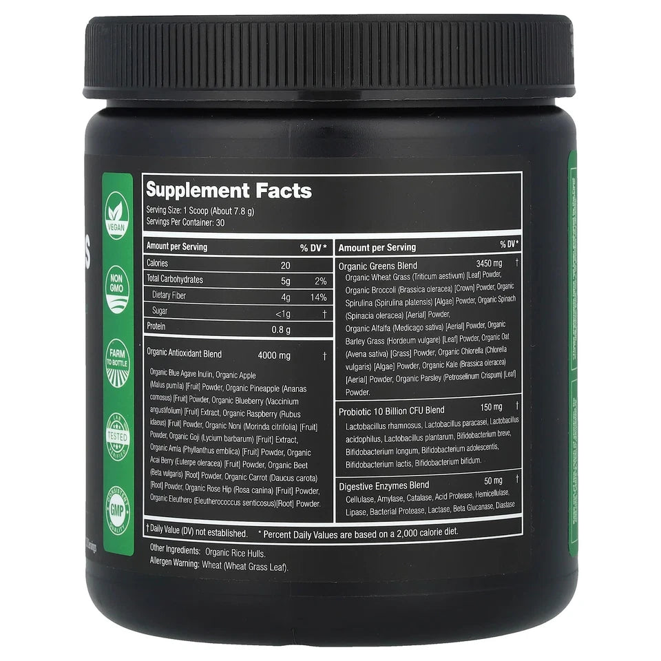 Nutra Champs Super Greens Powder – Superfoods, Probiotics & Enzymes | Unflavored | 30 Servings (8.25 oz)